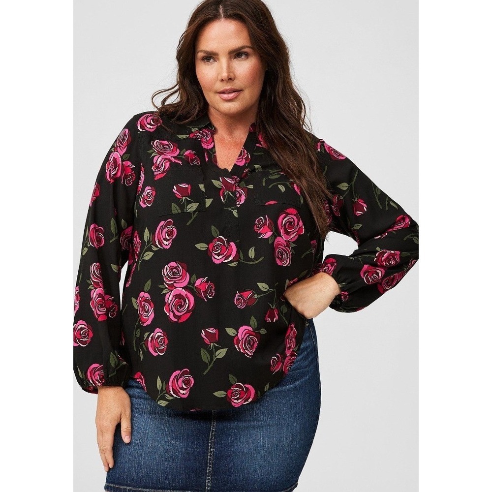 Torrid Harper Challis Blouse 3 Black Pink Rose Floral Georgette Romantic Gothic